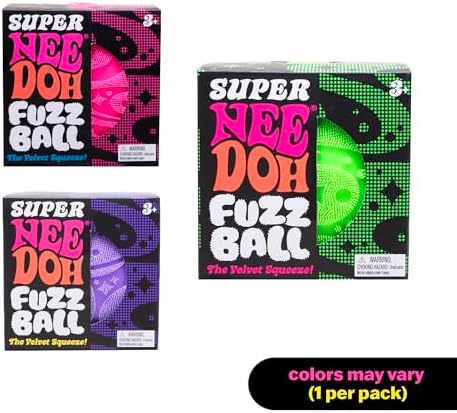 Schylling Super NeeDoh Fuzzball green sensory ball being squeezed by two hands for stress relief.