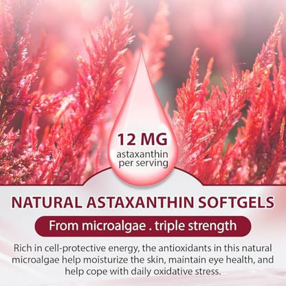 Premium 4 month supply packaging of non-GMO and gluten-free astaxanthin softgels.