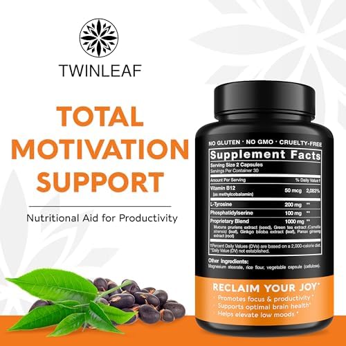 Twinleaf Dopamine Booster 1000 mg supplement label showing full ingredient facts