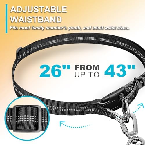 Hands free pet walking belt with heavy duty metal clasps and dual handles.