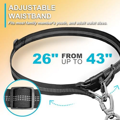 Hands free pet walking belt with heavy duty metal clasps and dual handles.