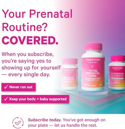 Pink Stork pregnancy vitamin bottle showing capsule count and flavor