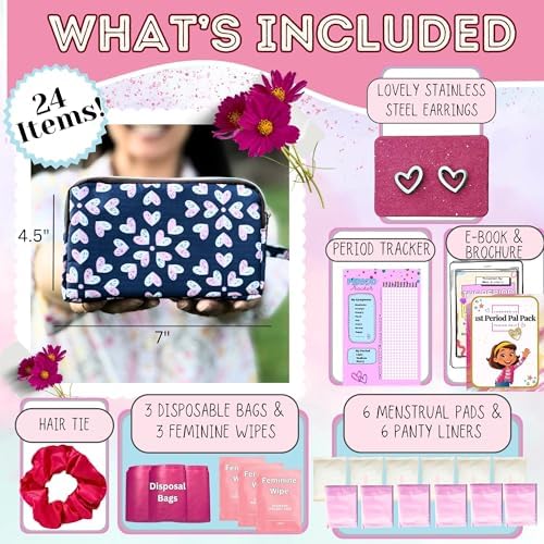 Complete 24 piece first period kit contents including pads and liners for tweens.