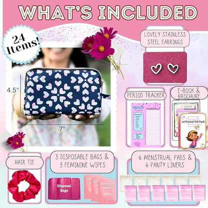 Complete 24 piece first period kit contents including pads and liners for tweens.