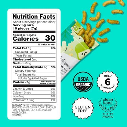 Little Spoon rice free organic baby puffs bag with kale and apple details