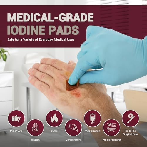 Individually wrapped 10 percent povidone iodine wipes for antiseptic skin preparation.