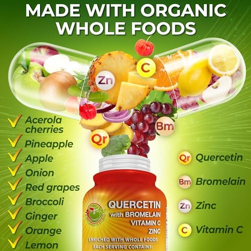 Supplements Studio Quercetin with Bromelain supplement showing ingredient facts panel with zinc and vitamin c.