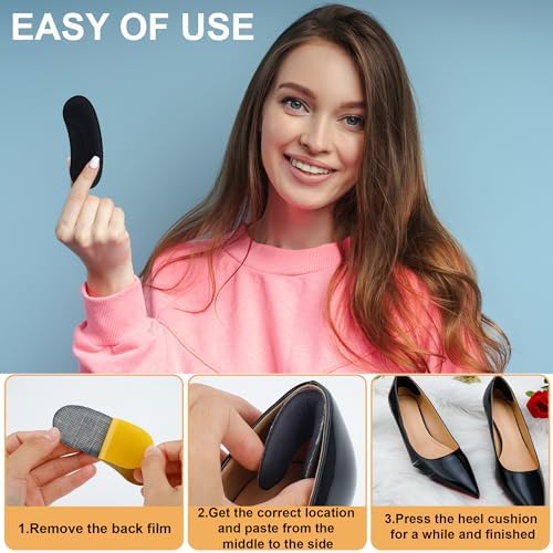 Soft suede heel protectors being applied to the back of a high heel shoe