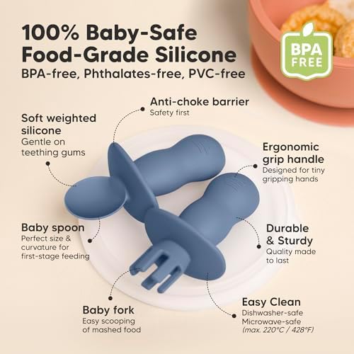 Close up of the KeaBabies food grade silicone toddler training spoon showing the anti choke barrier.