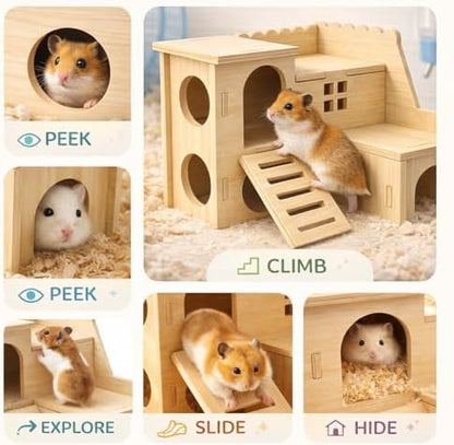Tiny Hamster Maze Wood House Fun Slide House Double-Decker Hut for Dwarf Gerbil Mouse Mice Rat Small Animals(Only for Small Hamster) - Image 4