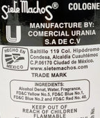 Authentic imported Siete Machos URANIA Mexican heritage cologne bottle standing upright showing fluid volume details.