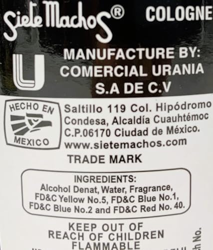 Authentic imported Siete Machos URANIA Mexican heritage cologne bottle standing upright showing fluid volume details.