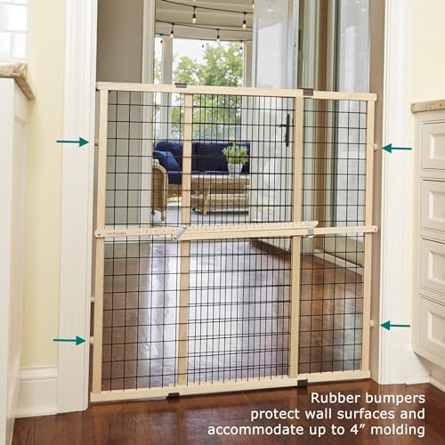 MYPET thirty seven inch tall expandable pet gate side profile against modern molding