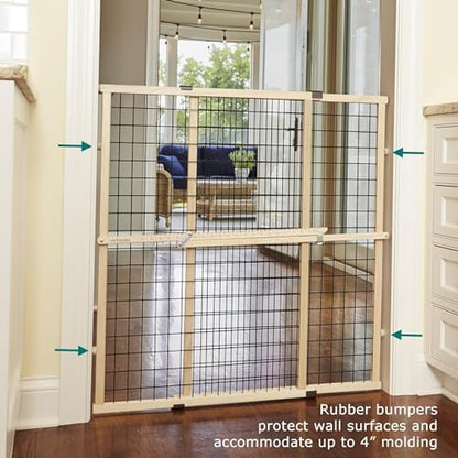 MYPET thirty seven inch tall expandable pet gate side profile against modern molding