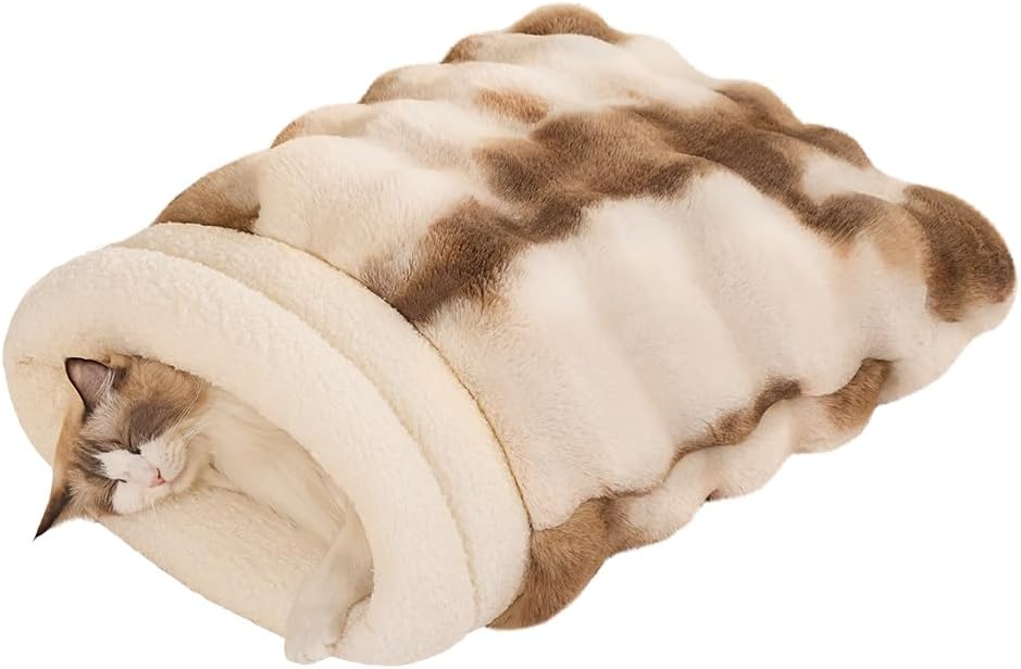 SOMAHE Cat Sleeping Bag for Indoor Cats, Faux Fur Pet Cave Bed & Burrow Nest, Reversible Plush Snuggle Sack, Portable Foldable Mat, Machine Washable, Anti-Static, 21.7"x17.7" Coffee - Image 13