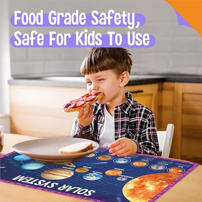 Six pack educational table protector mats set spread out to showcase vibrant UV printed colors.