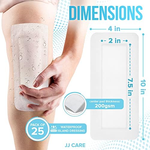 JJ CARE four by ten inch bordered gauze bandage showing the non-stick central pad