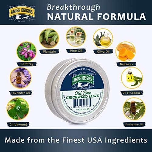 Amish Origins Chickweed Salve natural ointment packaging displaying traditional ingredients