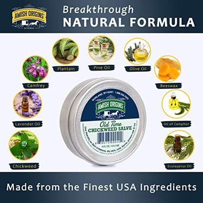Amish Origins Chickweed Salve natural ointment packaging displaying traditional ingredients