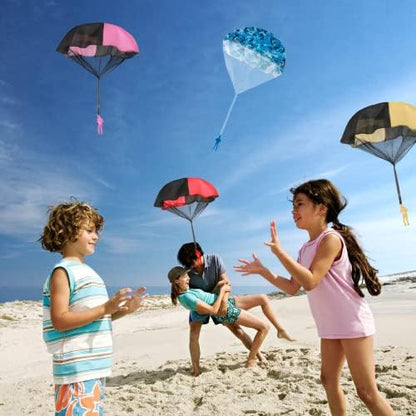 Children playing outdoors throwing the tangle free paratrooper toy on a green lawn