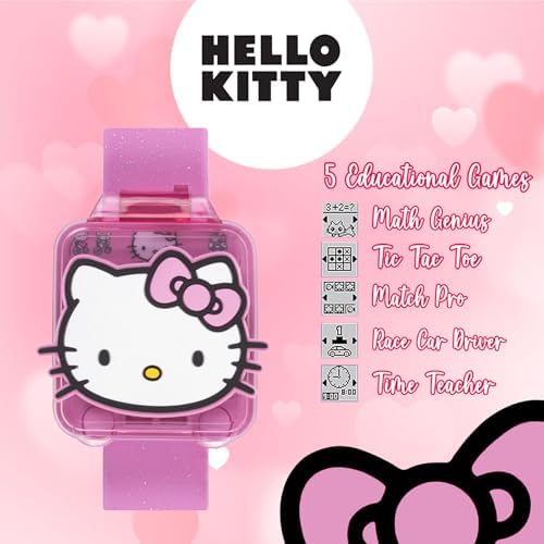 Hello Kitty kids educational watch showcasing alarm and stopwatch tool features