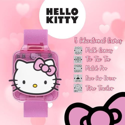 Hello Kitty kids educational watch showcasing alarm and stopwatch tool features