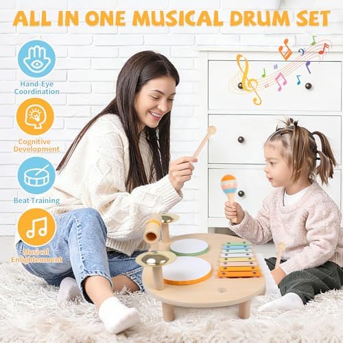Close up of the colorful xylophone keys on the wooden toddler percussion set.