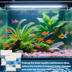 Three individual packs of RAINFLOW organic filtration media showing dimensions and mesh quality.