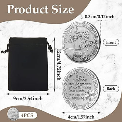 Close up of Hicarer 4 leaf clover collector coin with flannel storage bag