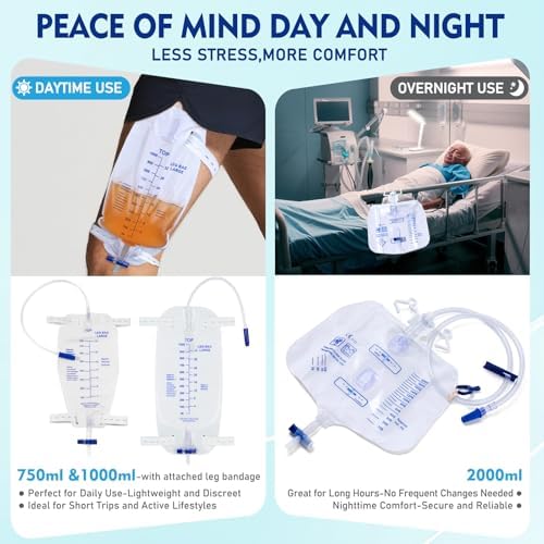 Large 2000 milliliter overnight urinary drainage bag with anti-reflux valve