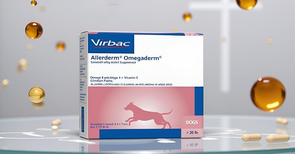 Authentic Virbac Allerderm Omegaderm twenty-eight daily doses packaging for treating dry and itchy dog skin.