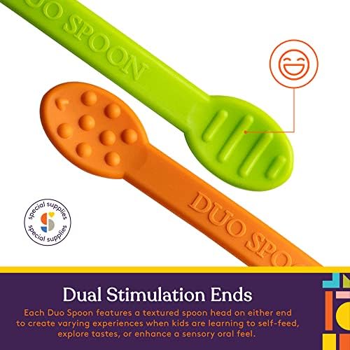 BPA free silicone pediatric feeding therapy kit utensils with flexible easy to grip handles for toddlers.