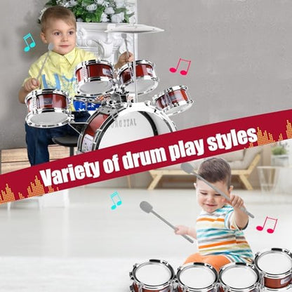 OoneWiser jazz drum kit displaying the complementary cushioned toddler seating stool and durable drumsticks.
