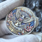 Complete product packaging showing the YKshop American Semiquincentennial metal token with its scratch-free protective capsule.