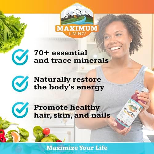 Side profile of Maximum Living liquid trace minerals packaging illustrating the certified vegan and gluten free labels