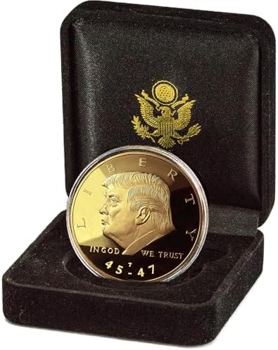 One ounce gold plated commemorative presidential coin next to premium packaging details