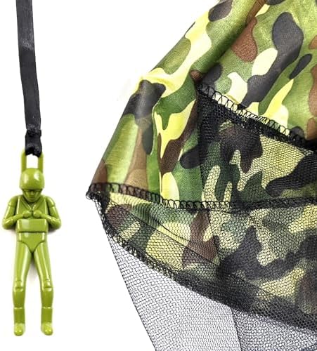 A group of fifteen colorful camo paratrooper toys spread out to illustrate the complete packaging contents.
