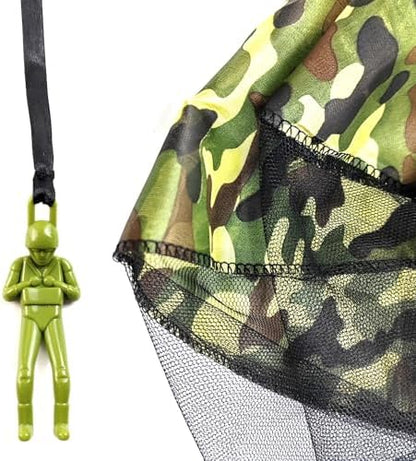 A group of fifteen colorful camo paratrooper toys spread out to illustrate the complete packaging contents.