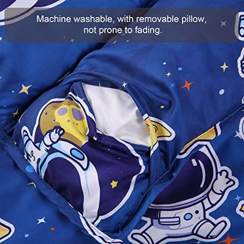Close up view of the soft blue minky blanket texture attached to the space themed toddler sleeping mat