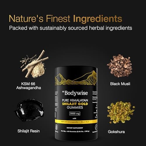 Be Bodywise Shilajit Gold 60 count supplement bottle showing nutrition facts and clean Ayurvedic ingredients list.