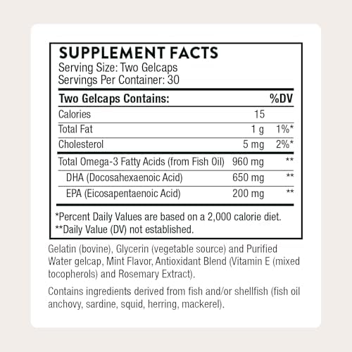 Thorne Prenatal DHA omega 3 supplement supplement facts and nutritional information panel