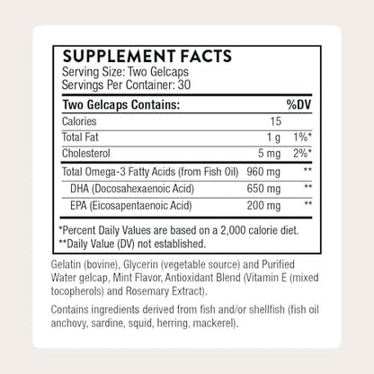 Thorne Prenatal DHA omega 3 supplement supplement facts and nutritional information panel