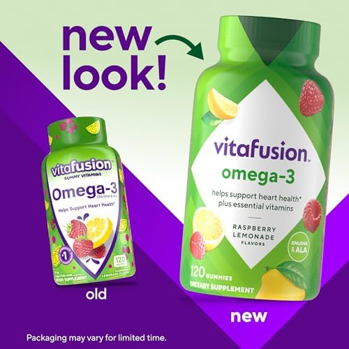 Vitafusion Omega 3 adult dietary supplement bottle label detailing the nutritional facts.