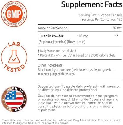 Temimar Luteolin 120 count supplement bottle showcasing GMP certified manufacturing origin details