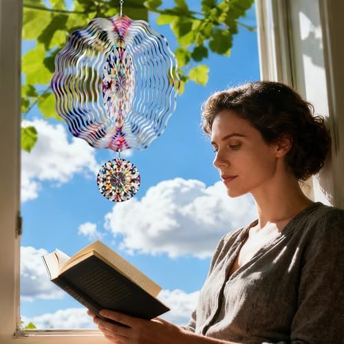 Multi-colored reflective wind spinner in a garden setting