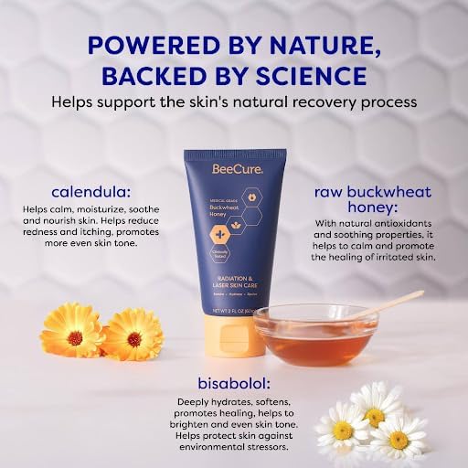Close up of BeeCure 60 ml tube showing buckwheat honey and calendula ingredients.