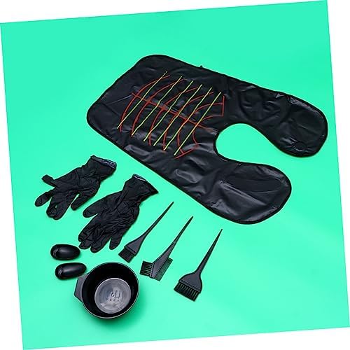 Top view of plastic hair dye mixing bowl and brush collection