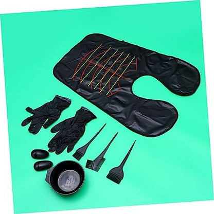 Top view of plastic hair dye mixing bowl and brush collection