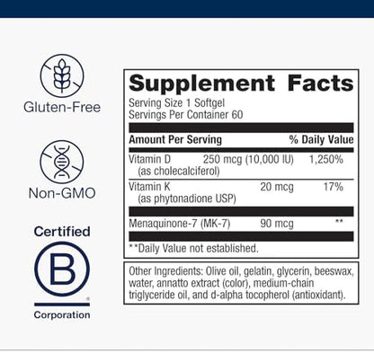 Metagenics high potency Vitamin D3 and K2 dietary supplement showing supplement facts and ingredient list