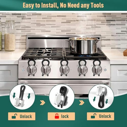 PeachLeaf baby proof stove oven locks installed on kitchen knobs